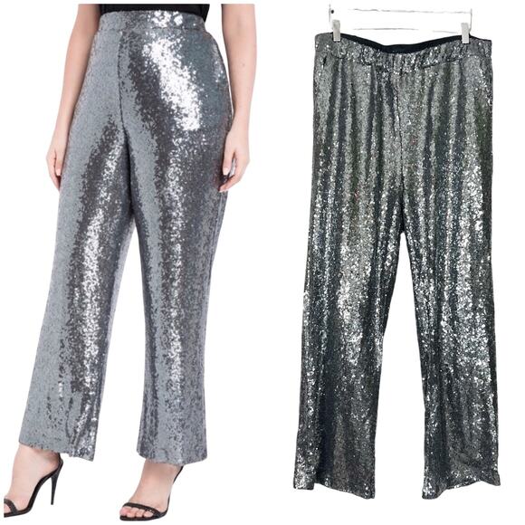 Eloquii | Sequin Gunmetal Silver Plus Size Pull On Sparkle Wide Leg Pants 16 1X - Picture 1 of 10